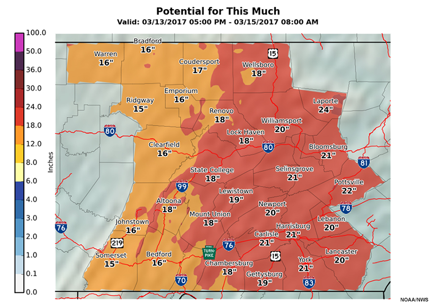 Potential snowfall accumulation for State College CWA.