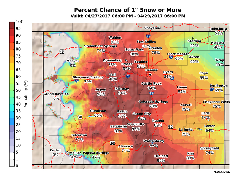 Graphic showing the chance for one inch of snowfall amounts over Colorado.