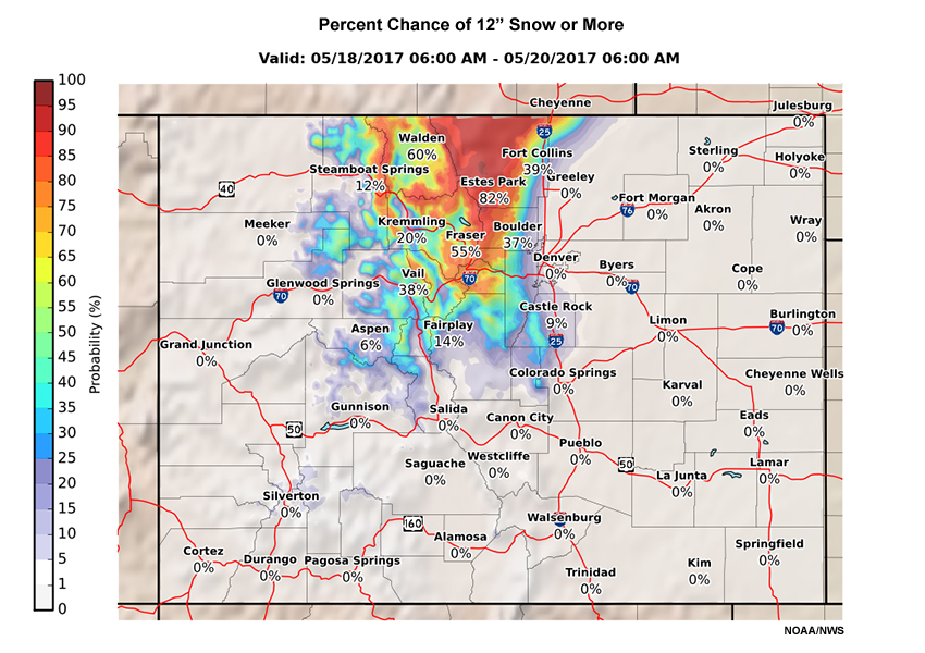 Example product showing the chance for 1 ft of snow over Colorado.