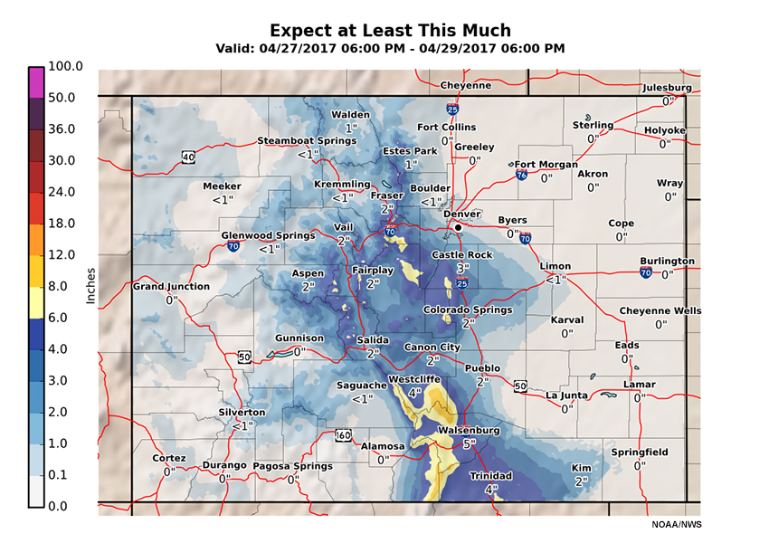 Expected snowfall accumulations over Colorado's front range.