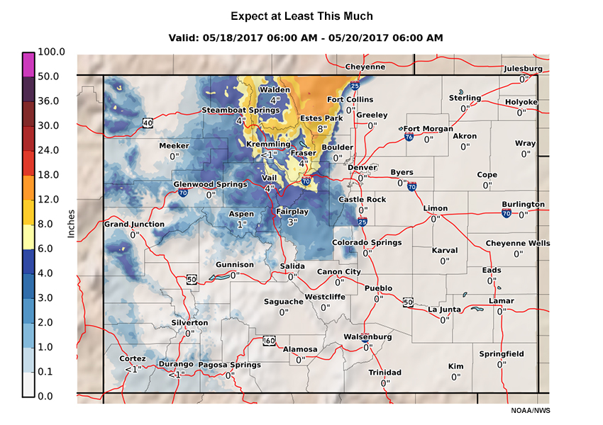 Example product of expected snowfall accumulations over Colorado's front range.