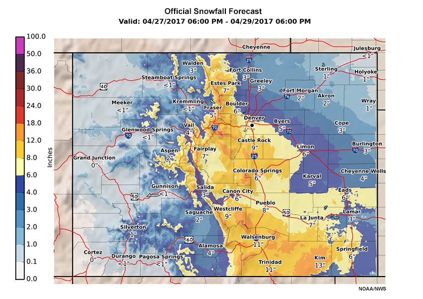 Most likely snowfall accumulations over Colorado's front range.