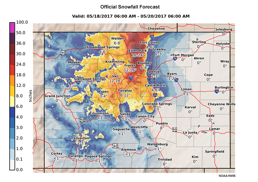 Example product of most likely snowfall accumulations over Colorado's front range.