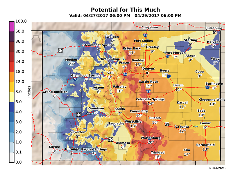 Potential for at least this much snowfall accumulation over Colorado's front range.