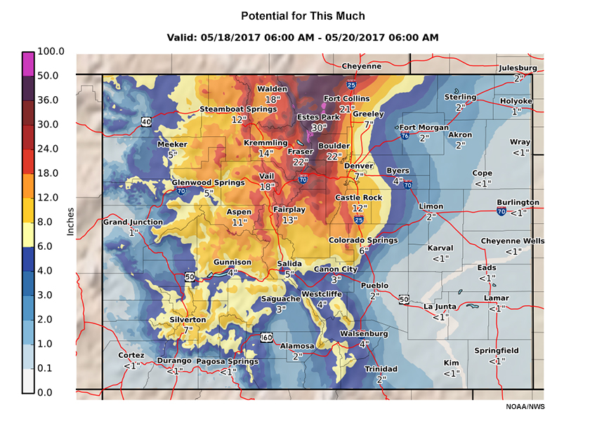 Example product of potential snowfall accumulation over Colorado's front range.