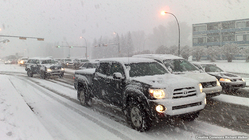 Slow-moving traffic due to winter weather.