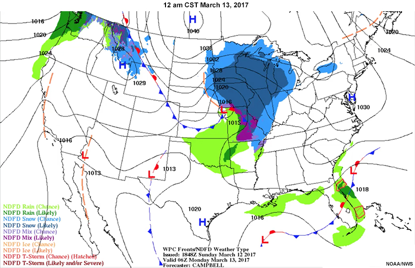 Surface weather forecast across the U.S. from 06 Z March 13 through 00 Z March 15, 2017.